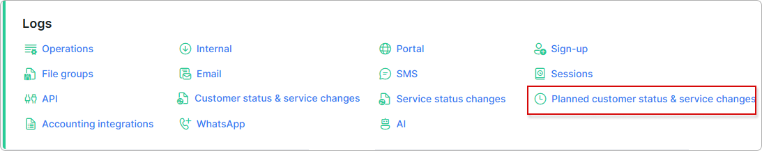 Planned customer status & service changes link under Logs