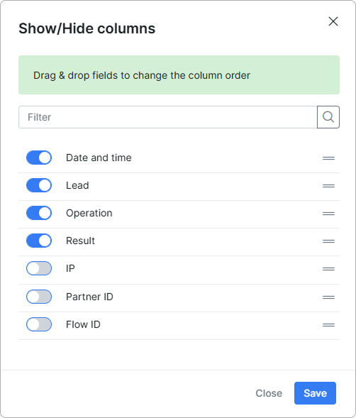 Sign-up log show/hide columns menu