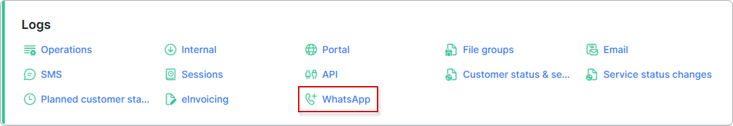 WhatsApp tile in the Administration logs landing page