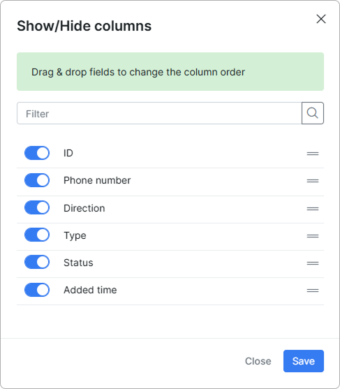 WhatsApp log show/hide columns menu
