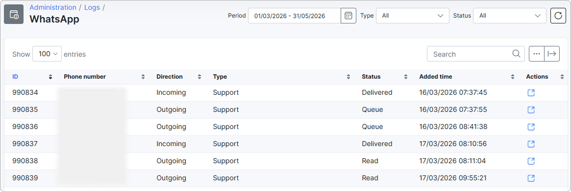 WhatsApp logs table with outgoing and incoming messages