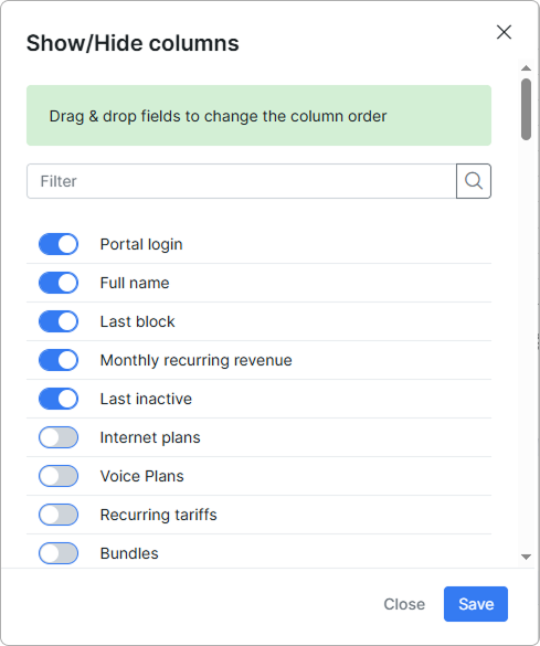 Show/Hide columns dialog with the default columns checked and additional Customer info, billing, and CAP fields available