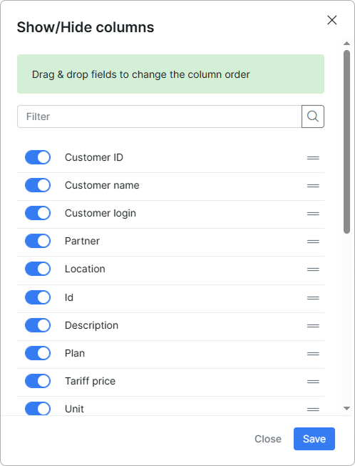 Show/hide columns dialog with checkboxes and drag handles for every available column