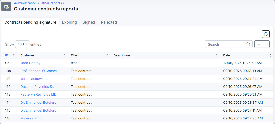 Customer contracts reports overview with the four tabs