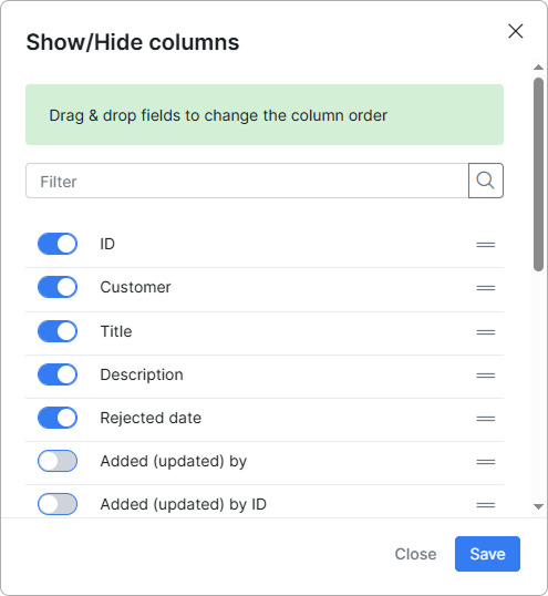 Show/hide columns toggles