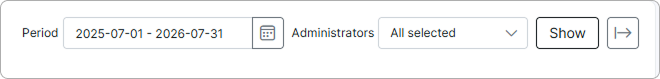 Helpdesk worklog reports Period date-range filter, Administrators dropdown, and export button