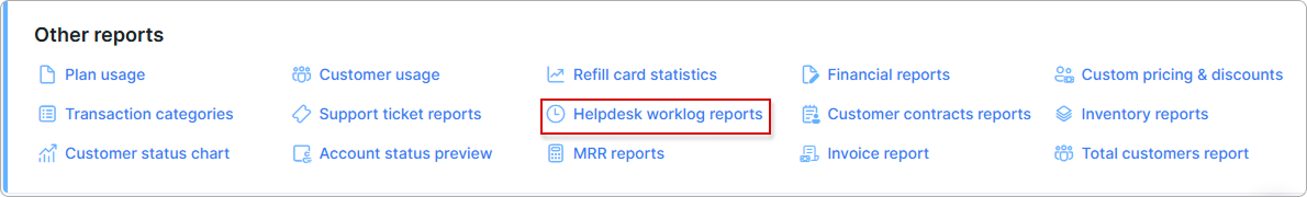 Helpdesk worklog reports link in the Other reports section of the Reports page