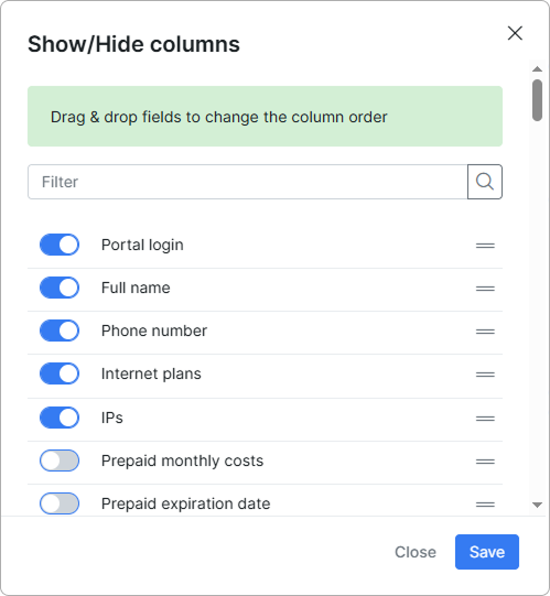 Show/Hide columns dialog with reorder handles