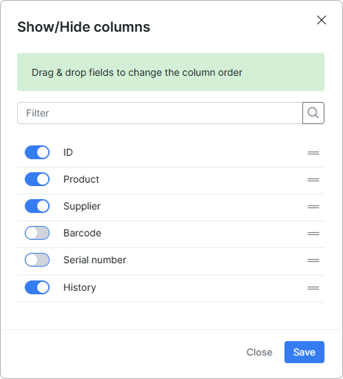 Show/hide columns toggles for the Items history tab