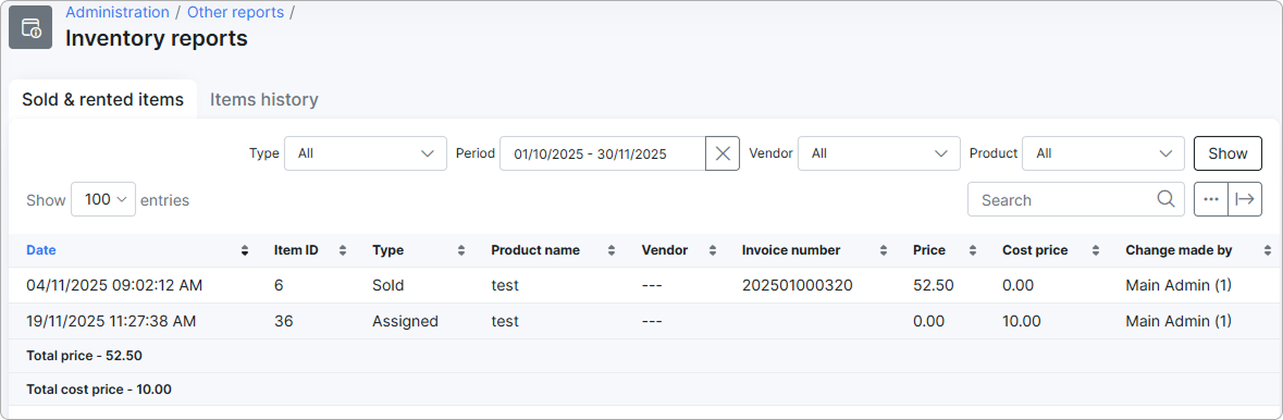 Inventory reports overview with both tabs