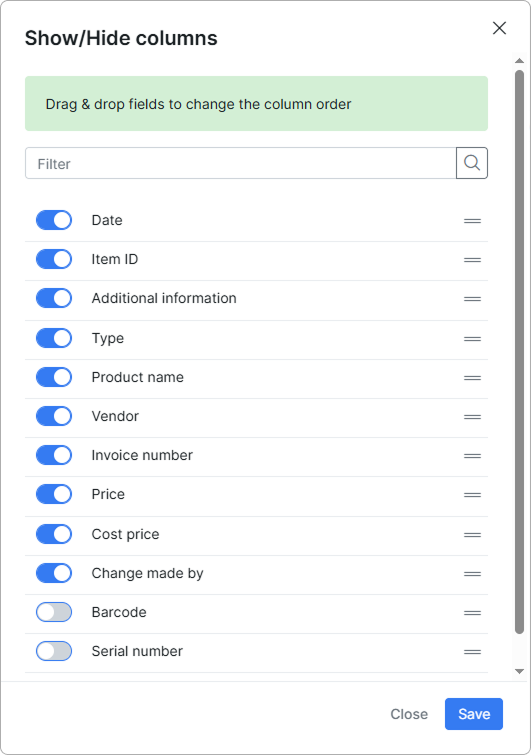 Show/hide columns toggles for the Sold and rented items tab