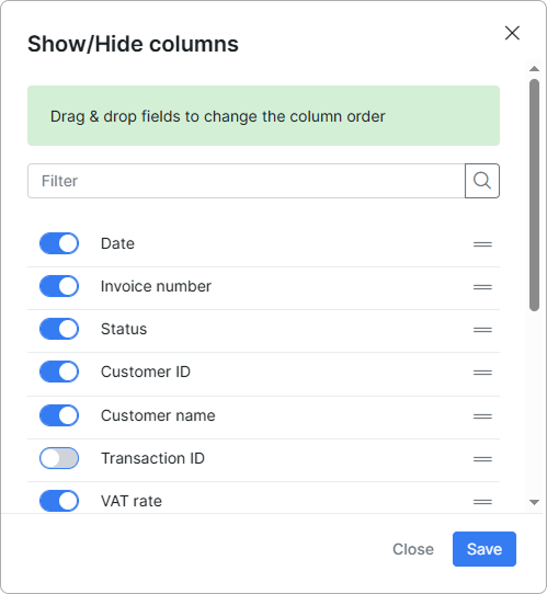 Show or hide columns dialog with a draggable list of available columns