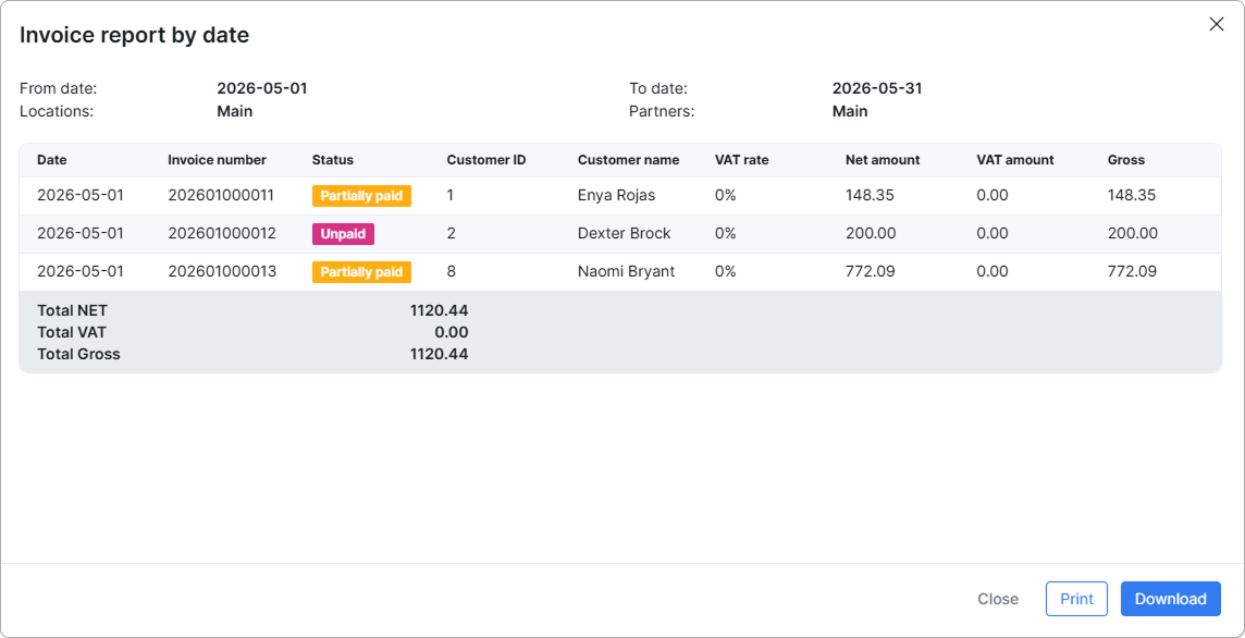 Generate modal showing the report title, filter context, and Print and Download buttons