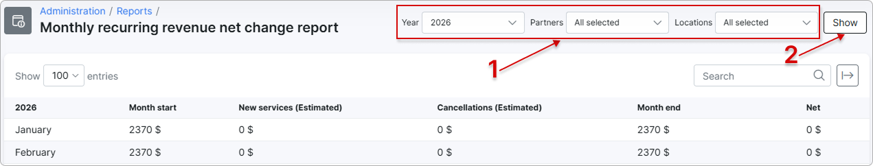 MRR net change report interface with filters and the Show button
