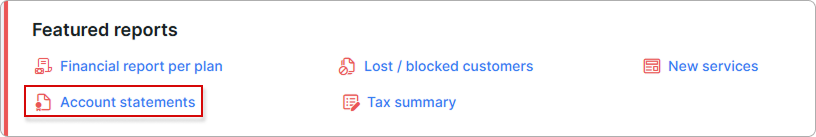 Account statements menu item under Administration with the Statements, Finance customers report, and Receivables aging report tabs visible