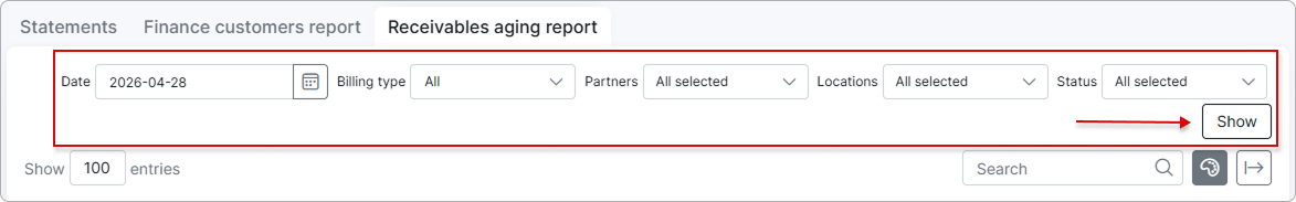 Filter row above the receivables aging table with the Show button