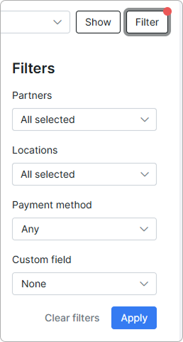 Filter side panel with Partners, Locations, Payment method, and Custom field