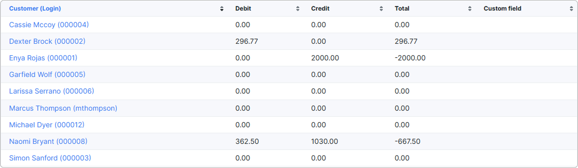 Customers table with Customer, Debit, Credit, Total, and Custom field columns