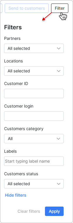 Filter side panel with Partners, Locations, Customer ID, Customer login, and category and status fields