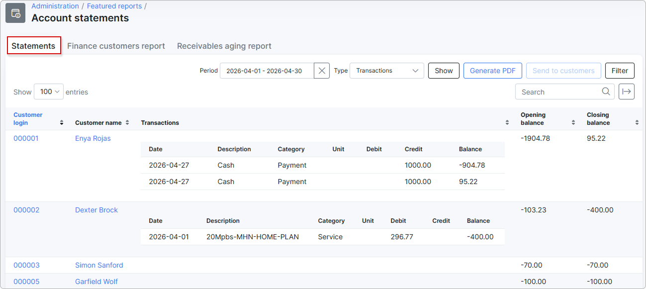 Statements tab with the filter bar, the customers table, and the action buttons