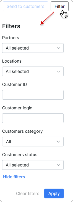 Filter side panel with Partners, Locations, Customer ID, Customer login, and category and status fields