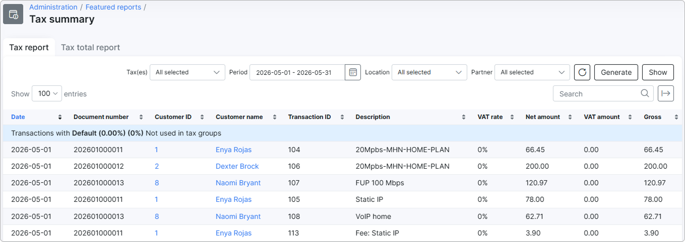 Tax summary page with Tax report and Tax total report tabs