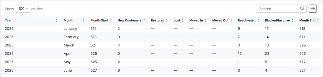 Total customers report table with the monthly movement columns