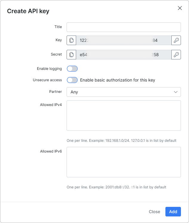 Create API key dialog