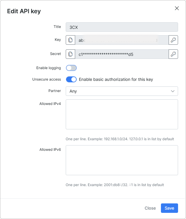 API key settings