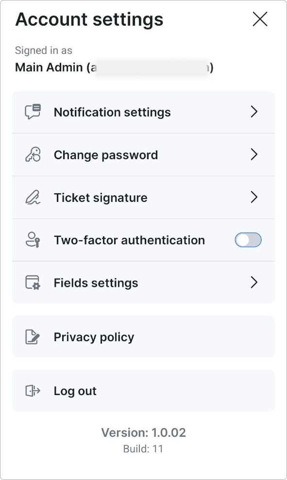 Account settings screen in Splynx CommsApp with the list of personal settings