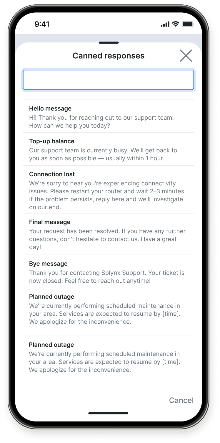 Canned responses picker with template list and search field