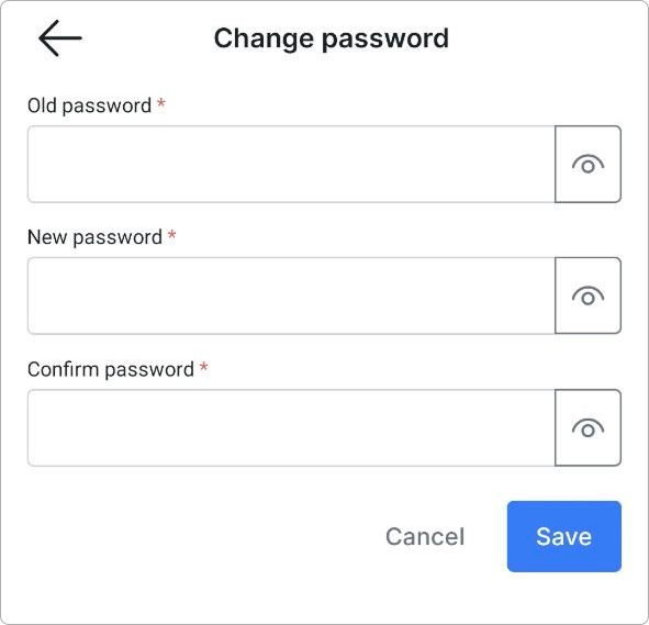 Change password screen with Old password, New password, and Confirm password fields