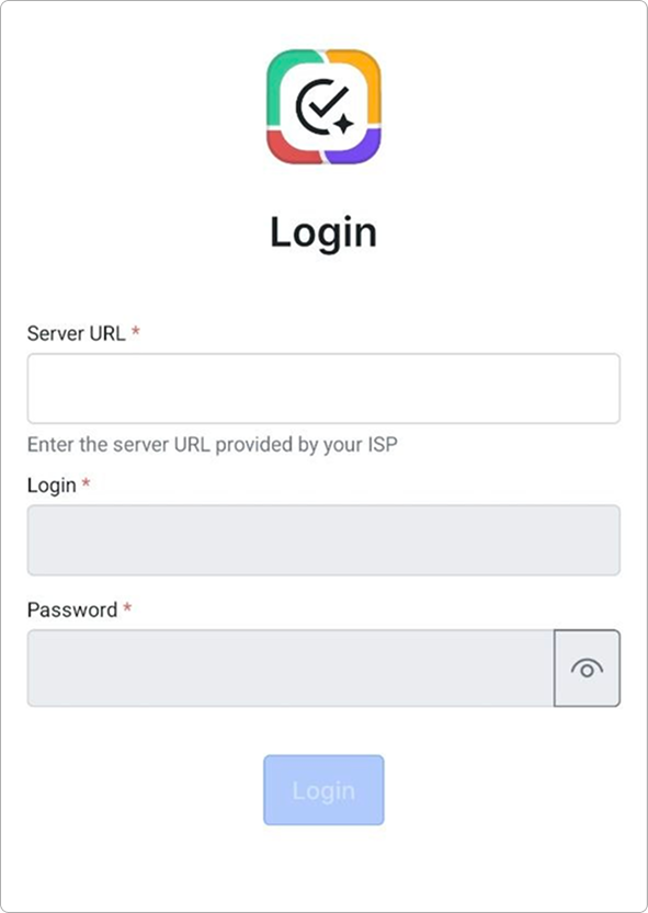 Splynx CommsApp login screen with Server URL, Login, and Password fields