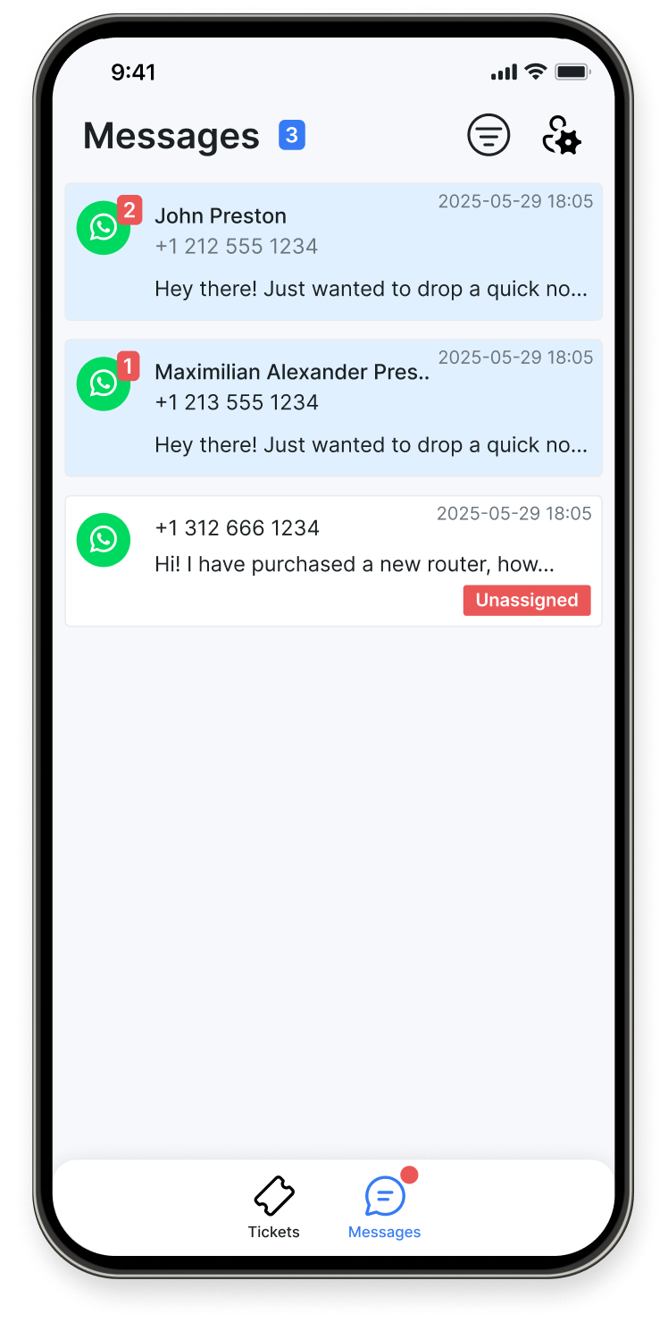 Messages list showing WhatsApp conversations with customers