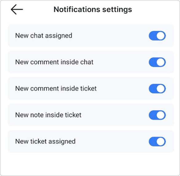 Notification settings screen with toggles for each event type