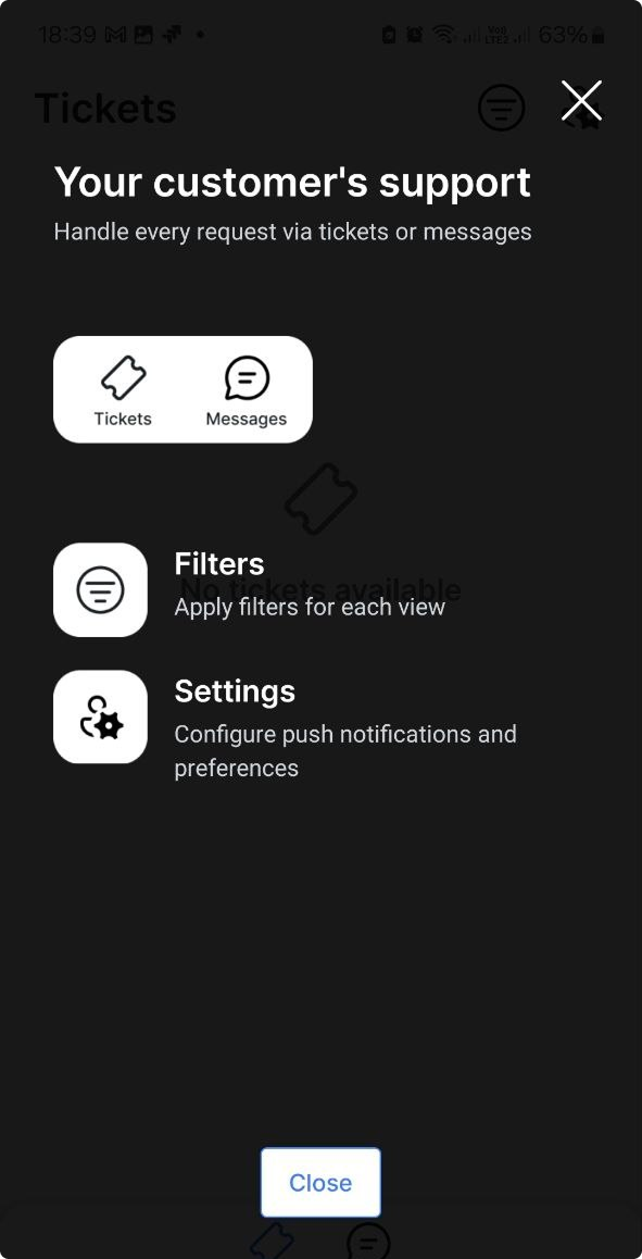 Splynx CommsApp onboarding guide highlighting the Tickets and Messages tabs, Filters, and Settings