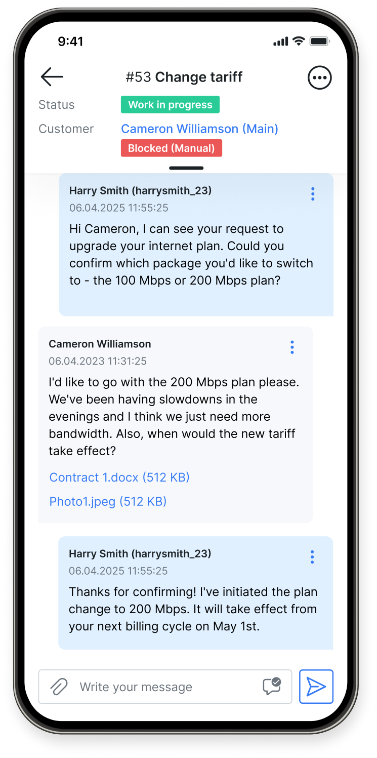 Ticket detail view with conversation history, customer info, and reply field
