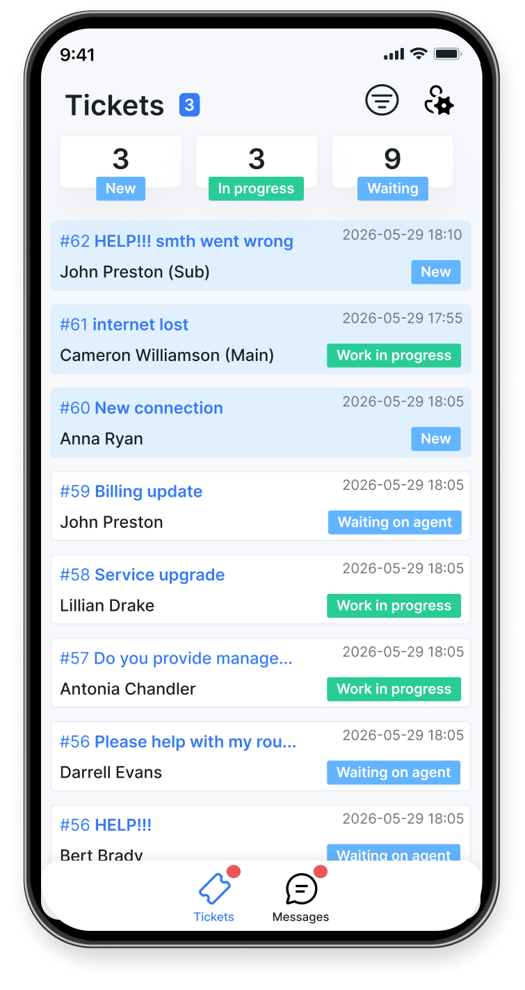 Tickets list in Splynx CommsApp with status counters and ticket rows