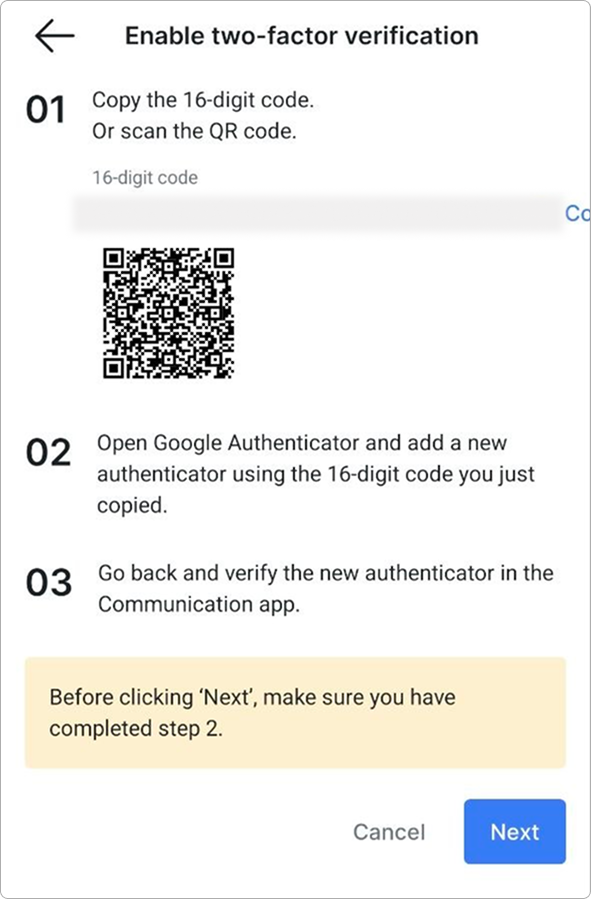 Enable two-factor verification screen with the 16-digit code, QR code, and setup steps