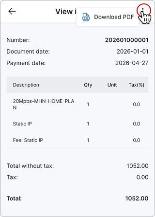 View invoice screen with the menu open and the Download PDF option