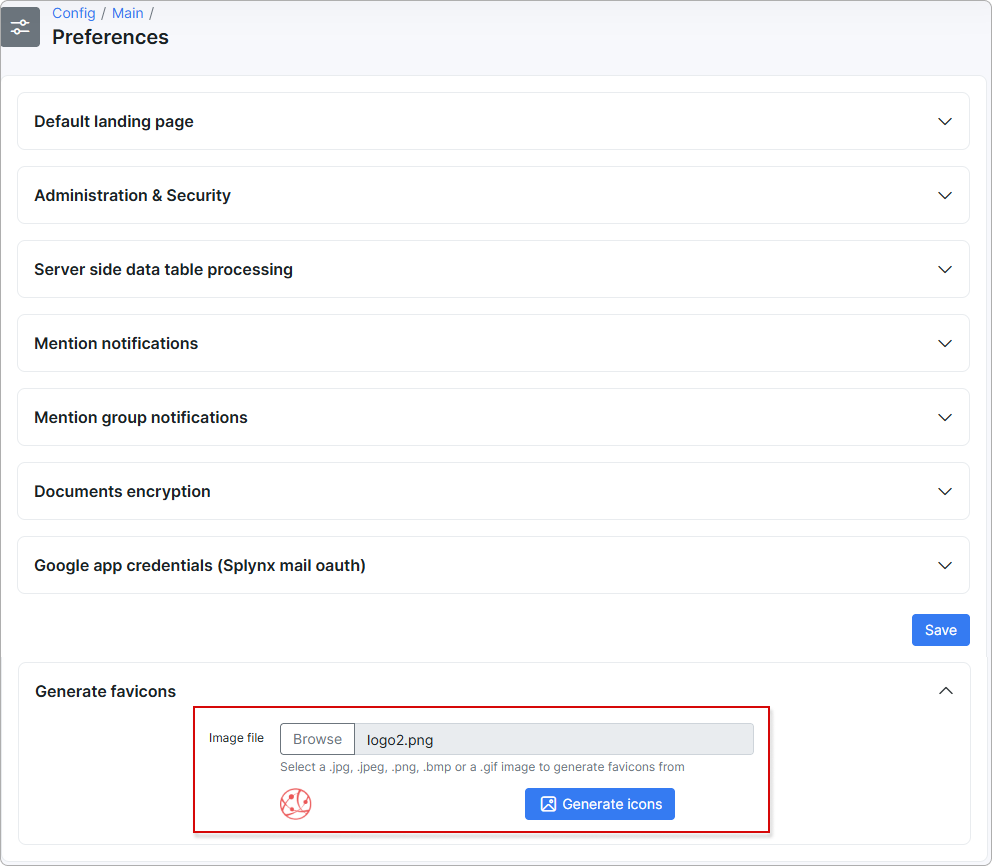 Favicon in Preferences config