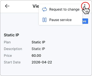View service screen with the actions menu open, showing Request to change and Pause service