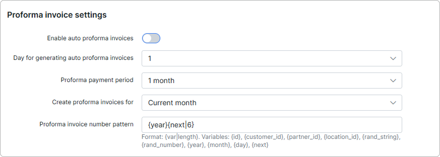 Proforma invoice settings section