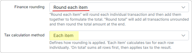 'Each item' option in the Tax calculation method field