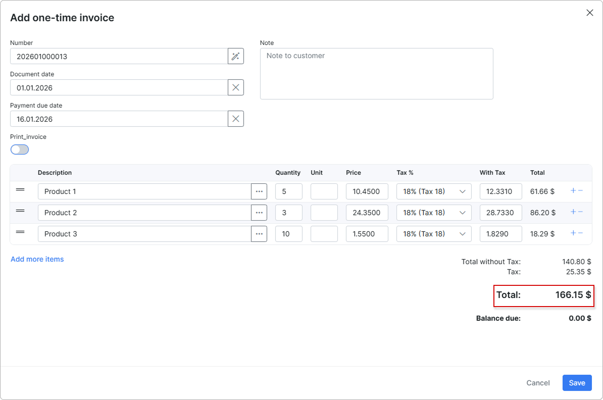 Invoice example for the Each item option