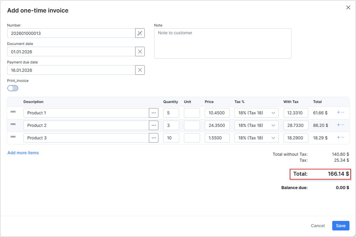 Invoice example for the On total option