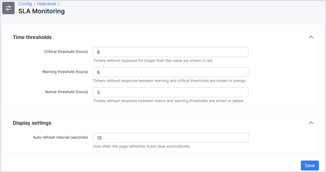 SLA Monitoring configuration page with Time thresholds and Display settings sections
