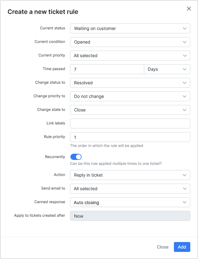 Form for creating a new ticket rule