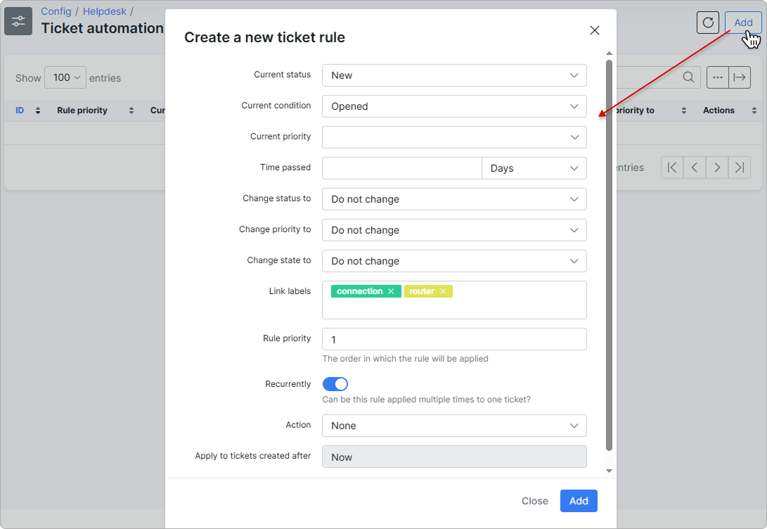 Create a new ticket rule form