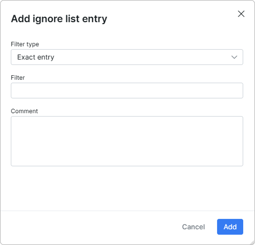Add ignore list entry window with Filter type, Filter, and Comment fields